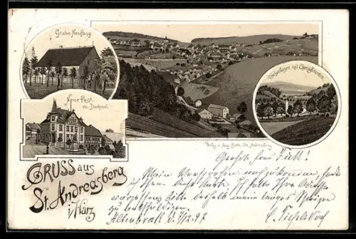 Lithographie St. Andreasberg / Harz, Grube Neufang, Neue Post, Teichanlagen