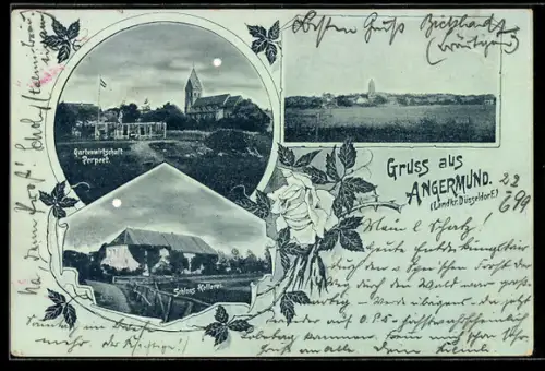 Mondschein-AK Angermund /Düsseldorf, Gartenwirtschaft Perpeet, Totalansicht und Schloss Kellerei