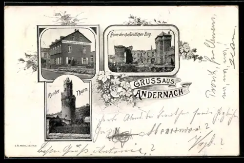 AK Andernach, Hotel zum Laacher See, Ruine der kurfürstlichen Burg und Runder turm