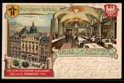 Lithographie Frankfurt /Main, Restaurant Gesellschaft Alemannia, Schillerplatz 4