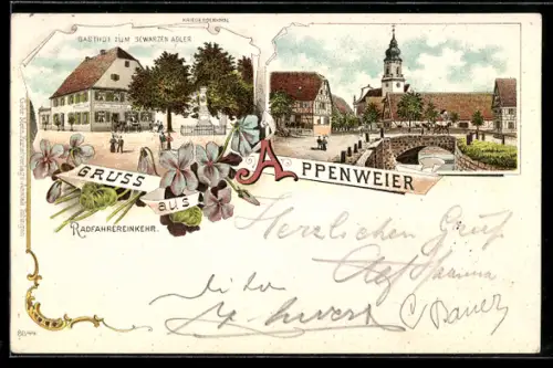 Lithographie Appenweier, Gasthof zum schwarzen Adler, Blick auf die Kirche