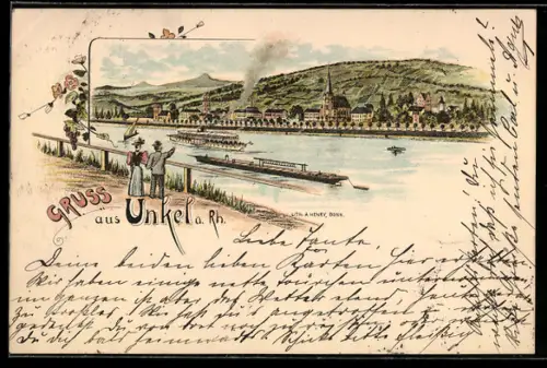 Lithographie Unkel a. Rh., Totalansicht mit Kirche und Dampfschiff auf dem Wasser