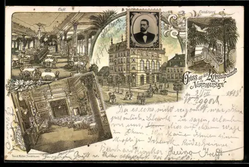 Lithographie Nordhausen, Café Krystallpalast, Innenansicht, Concert-Saal, Conditorei