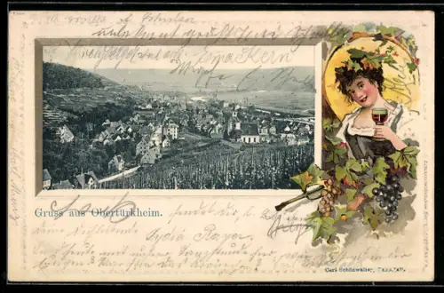 Passepartout-Lithographie Obertürkheim, Totalansicht des Ortes mit hübscher Frau und Weinglas im Passepartout