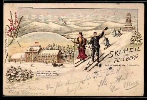 Winter-Lithographie Feldberg /Schwarzwald, Hotel-Pension Feldberger Hof Carl Mayer, Skiläufer am Bismarck-Denkmal
