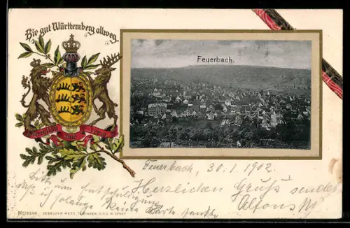 Passepartout-Lithographie Feuerbach, Totalansicht mit Wappen des Königbreichs Württemberg im Passepartout