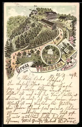 Lithographie Dresden-Wachwitz, Restaurant Wachberg, Aussichtsturm