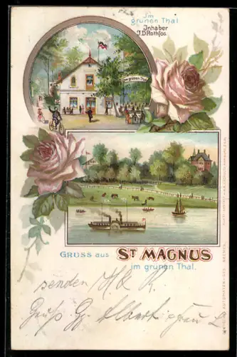 Lithographie St. Magnus, Restaurant Im grünen Thal mit Gartenlokal und Gästen, Raddampfer, Kühe auf der Weide um 1900