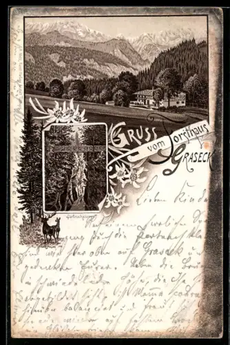 Lithographie Graseck, Gasthaus Forsthaus, Partnachklamm
