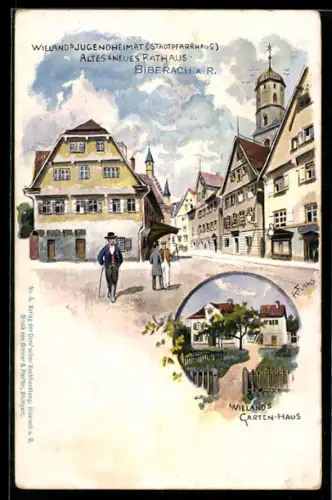 AK Biberach a. R., Strassenpartie mit Stadtpfarrhaus und altem und neuem Rathaus, Wielands Gartenhaus