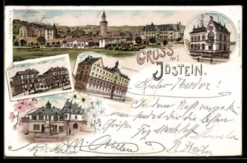 Lithographie Idstein, Rathaus mit Denkmal, Erziehungs-Anstalt, Baugewerkschule