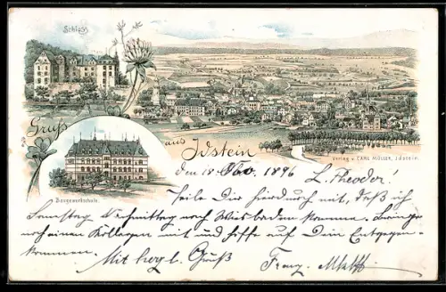 Lithographie Idstein, Schloss, Baugewerkschule und Totalansicht