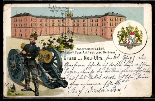 Lithographie Neu-Ulm, Kasernement d. I. Batl. 1. bayr. Fuss-Art. Regt. vac Bothmer, Wappen