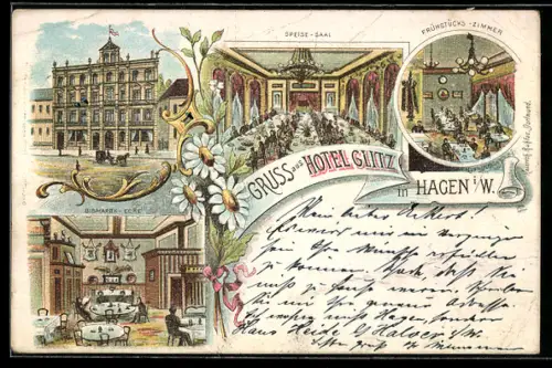 Lithographie Hagen i. W., Hotel Glitz, Bismarck-Ecke, Speisesaal und Frühstückszimmer