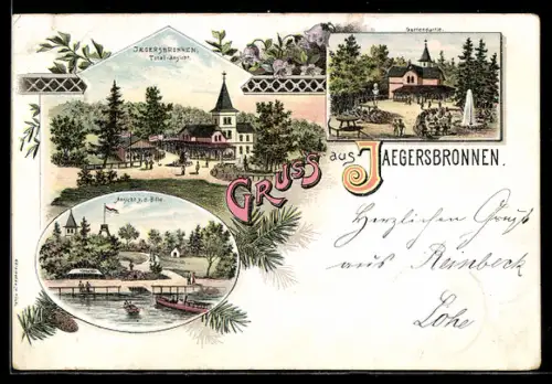 Lithographie Jägersbronnen, Gasthaus Jägerbronnen, Gartenansicht mit Fontaine