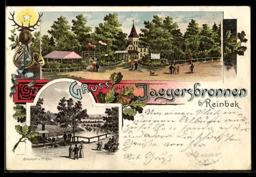 Lithographie Reinbek, Etablissement Jaegersbronnen, Geweih, Fähre