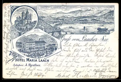 Lithographie Maria Laach, Hotel Maria Laach, Inh. J. Reuther, Klosterkirche, Laacher See