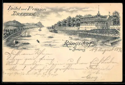 Lithographie Rüngsdorf a. Rh., Hotel und Pension Dreesen mit Flusspartie