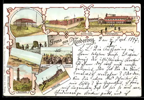 Lithographie Norderney, Seehospiz, Victoriahalle, Giftbude, Seehundjagd, Wilhelmshöhe