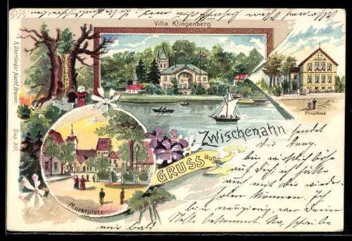 Lithographie Zwischenahn, Villa Klingenberg, Privathaus und Marktplatz