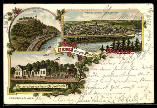 Lithographie Werden / Ruhr, Restaurant von Heinrich Overbeck, Die Platte, Ortsansicht von der Platte aus gesehen
