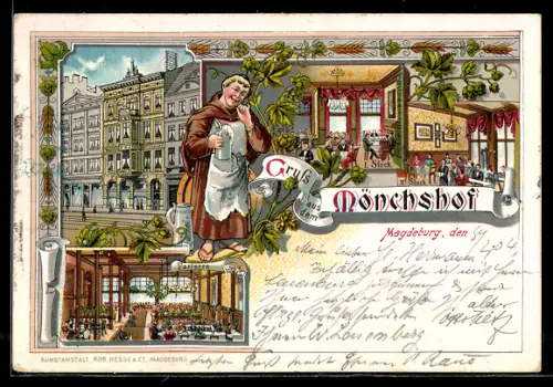 Lithographie Magdeburg, Gasthaus Mönchshof, Innenansichten Parterre u. I. Stock