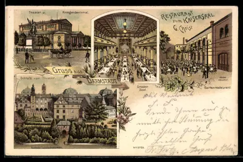 Lithographie Darmstadt, Restaurant zum Kaisersaal von G. Christ, Grosser Saal, Garten, Theater, Kriegerdenkmal, Schloss