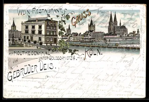 Lithographie Köln, Wein-Restaurant am Moltkedenkmal unter Goldschmidt 26, Bes. Gebr. Deis
