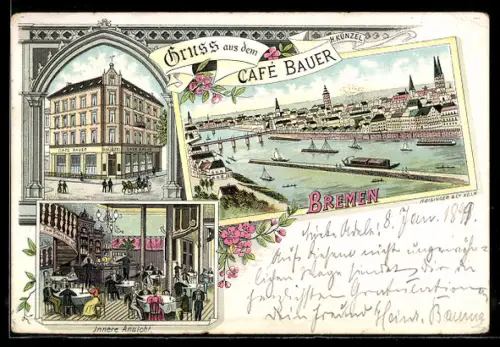 Lithographie Bremen, Café Bauer, Bes. H. Künzel, Innenansicht