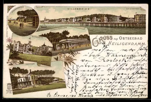 Vorläufer-Lithographie Heiligendamm, 1895, Burgplatz, Villenreihe, Verkaufshallen und Cottage