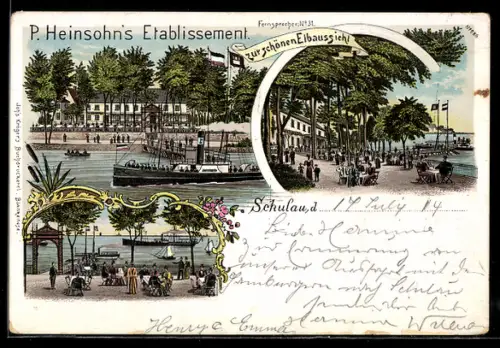 Lithographie Schulau, P. Heinsohn`s Etablissement Gastwirtschaft zur schönen Elbaussicht