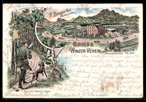 Lithographie Mayschoss a. d. Ahr, Restaurant von P. Bungarten, Jäger und Angler