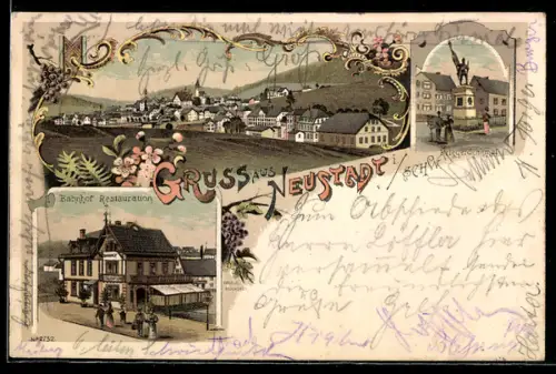 Lithographie Neustadt i. Schw., Bahnhof-Restaurant, Kriegerdenkmal und Totalansicht