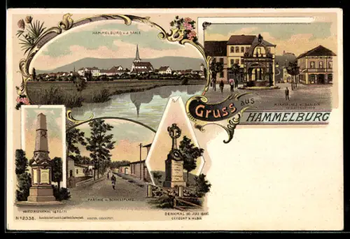Lithographie Hammelburg, Marktplatz mit Saaleck, Schiessplatz, Kriegerdenkmal