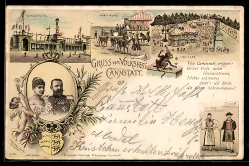 Lithographie Cannstatt, Gruss vom Volksfest, Ehrenpforte, Festplatz, Schwäb. Volkstracht