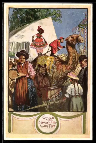 Künstler-AK Stuttgart, Cannstatter Volksfest, Tierschau mit Kamel, Affe und Bär