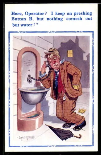 Künstler-AK Donald McGill: Here, Operator? I keep on preshing Button B...