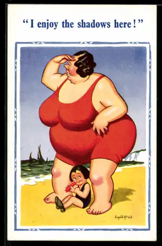 Künstler-AK Donald McGill: I enjoy the shadows here!, On the beach