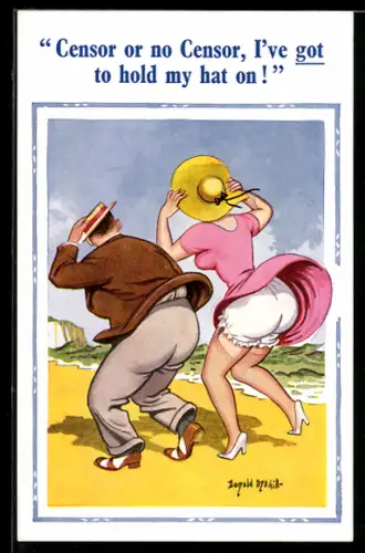 Künstler-AK Donald McGill: Censor or no Censor, I`ve got to hold my hat on!, On the beach