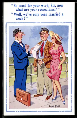 Künstler-AK Donald McGill: So much for your work, Sir, now what are your recreations?..., At the sea