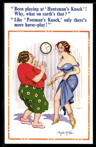 Künstler-AK Donald McGill: Been playing at Hintsman`s Knock?...