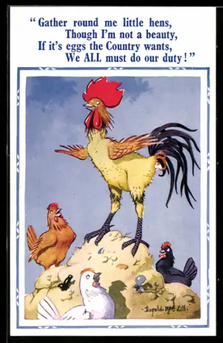 Künstler-AK Donald McGill: Gather round me little hens...