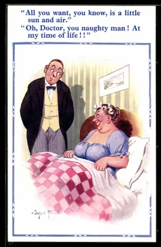 Künstler-AK Donald McGill: Arzt macht bei einer Dame einen Hausbesuch