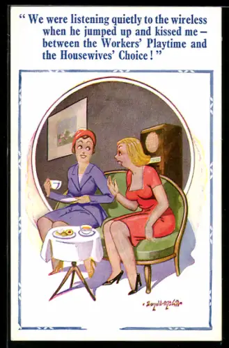 Künstler-AK Donald McGill: We were listening quietly to the wireless...