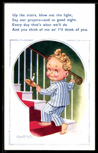 Künstler-AK Donald McGill: Up the stairs, blow out the light...
