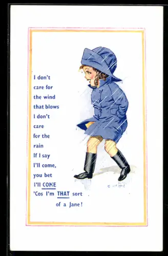 Künstler-AK Donald McGill: I don`t care for the wind...