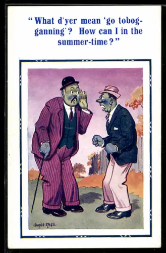 Künstler-AK Donald McGill: What d`yer mean go tobogganning?...
