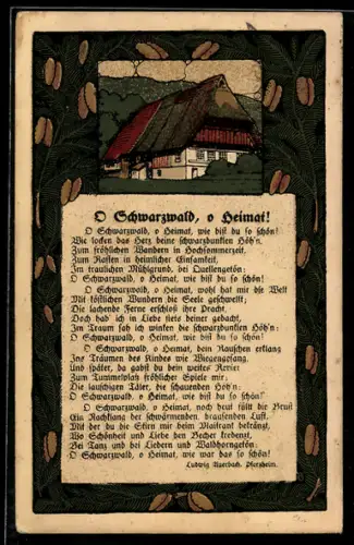 Steindruck-AK Grosse Hütte im Wald mit Gedicht O Schwarzwald, o Heimat von Ludwig Auerbach