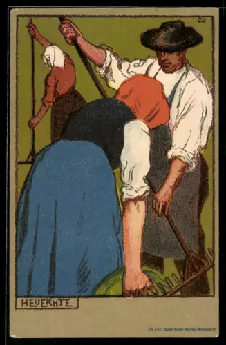 Steindruck-AK Bauern bei der Heuernte