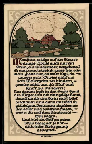 Steindruck-AK Landschaft mit Bauernhaus, Gedicht Strasse deines Lebens